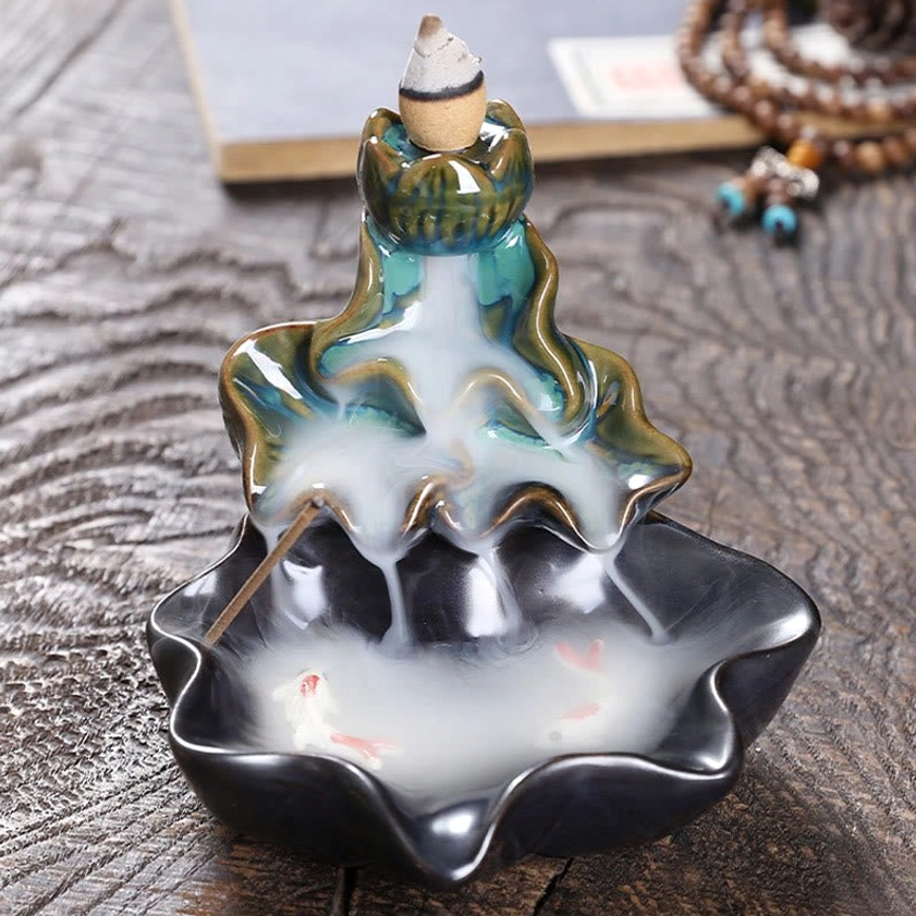 Black lotus tray koi fish ceramic incense burner with green glazed lotus top