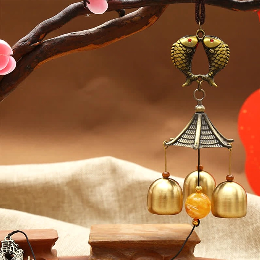 Double bronze koi fish lucky wind chime with amber bead, 3 brass bells, and pavilion hanger for transformation and abundance