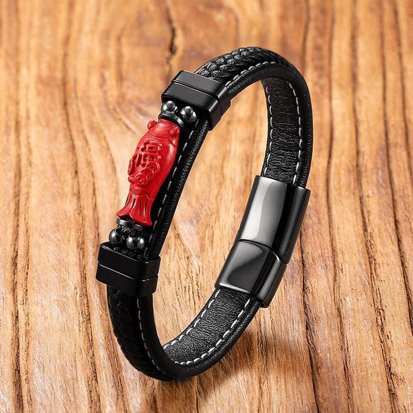 Koi fish fu character cinnabar leather bracelet with red carved beads and black braided strap