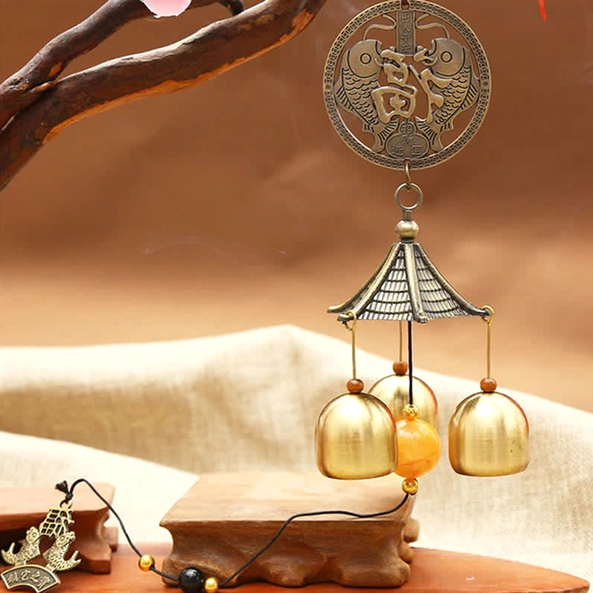 Fu character koi fish lucky wind chime with bronze medallion, amber bead, and 3 brass bells for happiness and abundance