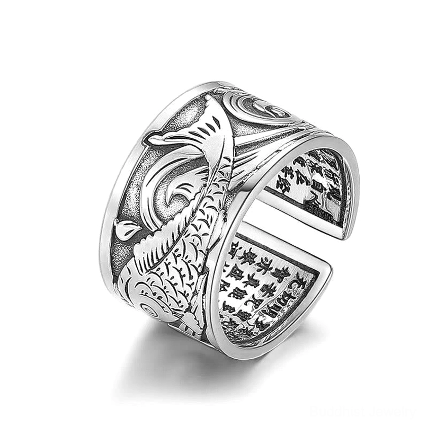 Koi fish heart sutra ring 3/4 oblique view on white background, engraved carp pattern with inner sutra text on adjustable open band