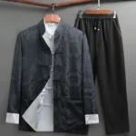 Black koi fish Tang suit set with frog button jacket and matching pants, front view studio display