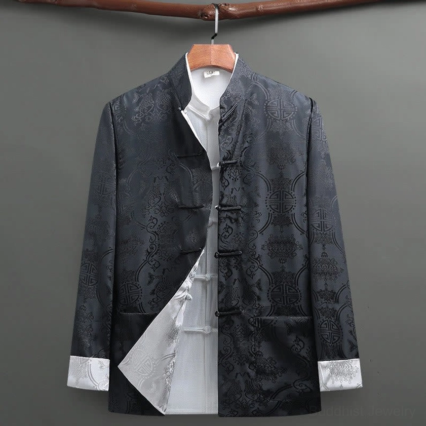 Black Tang suit jacket with mandarin collar, white contrast lining, and traditional koi fish jacquard pattern