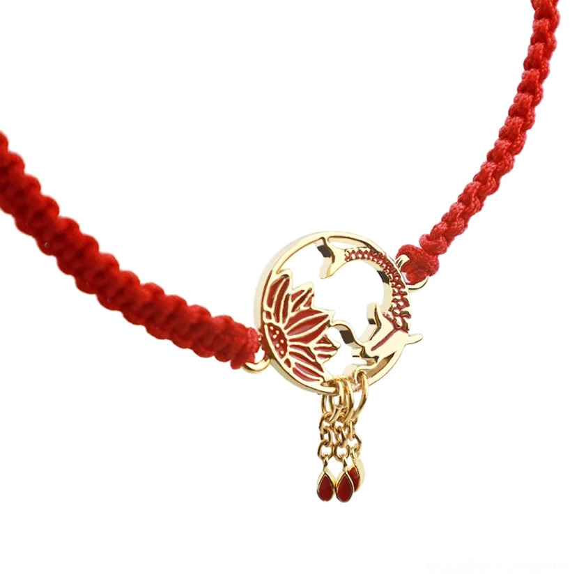 Side view of koi lotus red bracelet showing full charm detail, woven rope texture, and dangling metal tassel