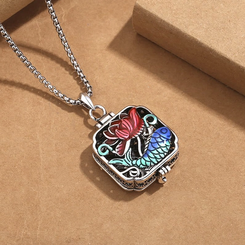 Square koi lotus prayer box locket pendant - front flat close-up showing clear enamel artwork and silver filigree border details