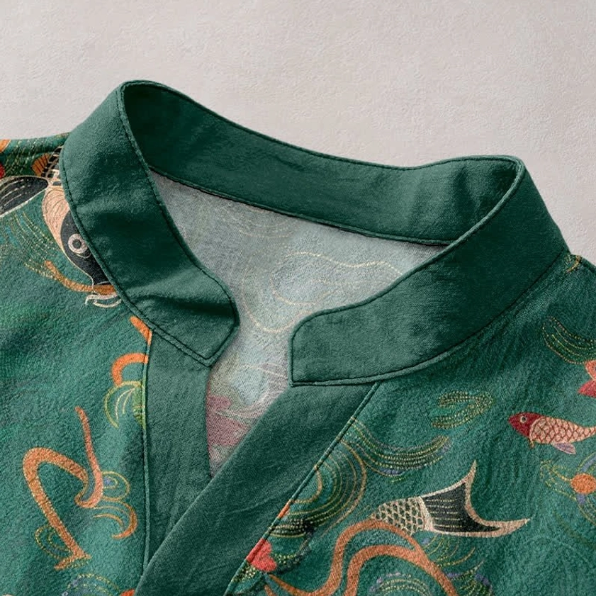 Close-up of stand collar detail on koi fish lotus print mens shirt, traditional oriental design