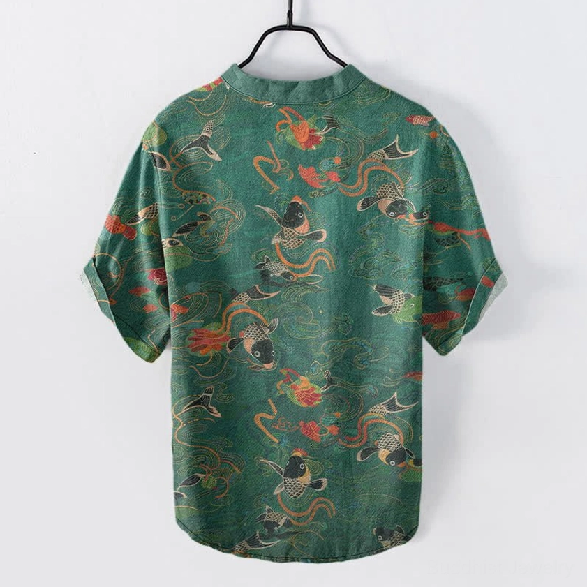 Men's koi fish lotus print short sleeve shirt back view, dark green with rolled cuffs and curved hem