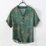 Men's koi fish lotus print half-button short sleeve shirt in dark green, front flat lay view