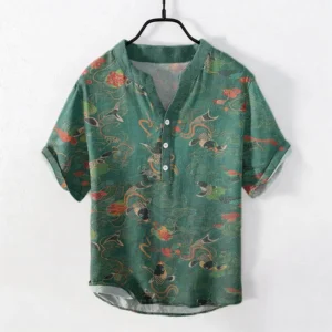 Men's koi fish lotus print half-button short sleeve shirt in dark green, front flat lay view