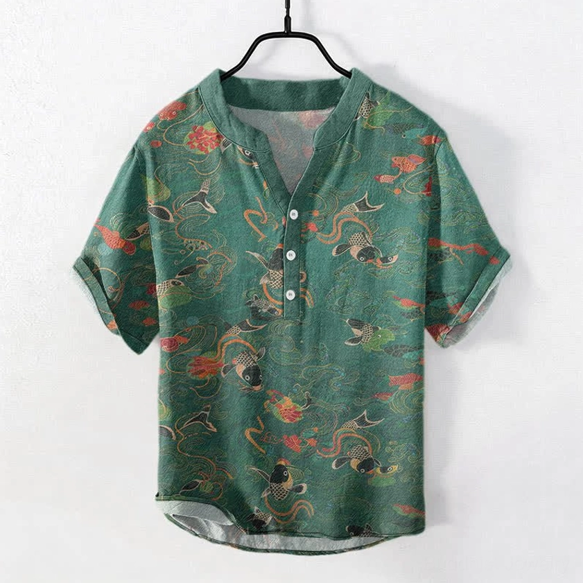 Men's koi fish lotus print half-button short sleeve shirt in dark green, front flat lay view