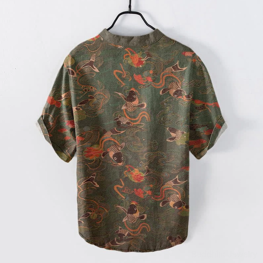 Men's koi fish lotus print short sleeve shirt back view, olive green with rolled cuffs