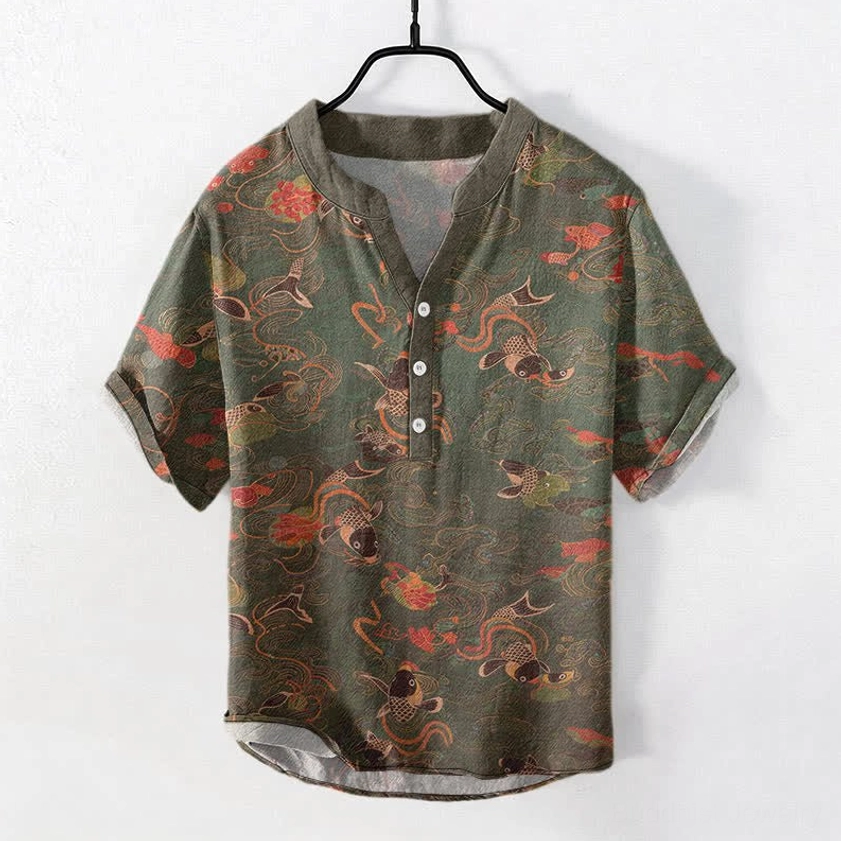Men's koi fish lotus print half-button shirt in olive green, front flat lay with stand collar