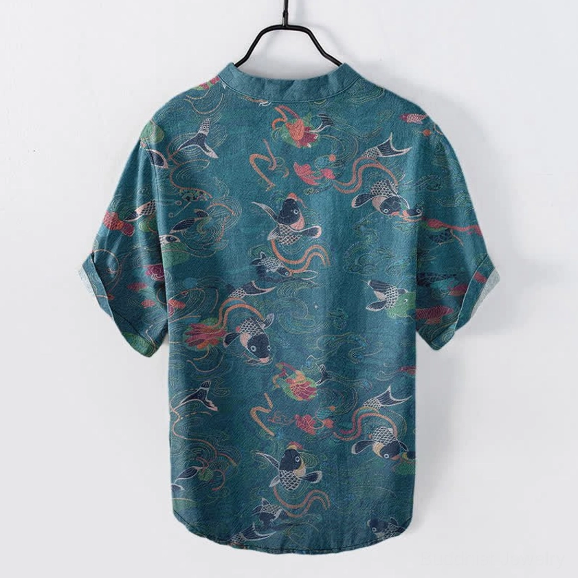 Men's koi fish lotus print short sleeve shirt back view, teal blue with curved hem