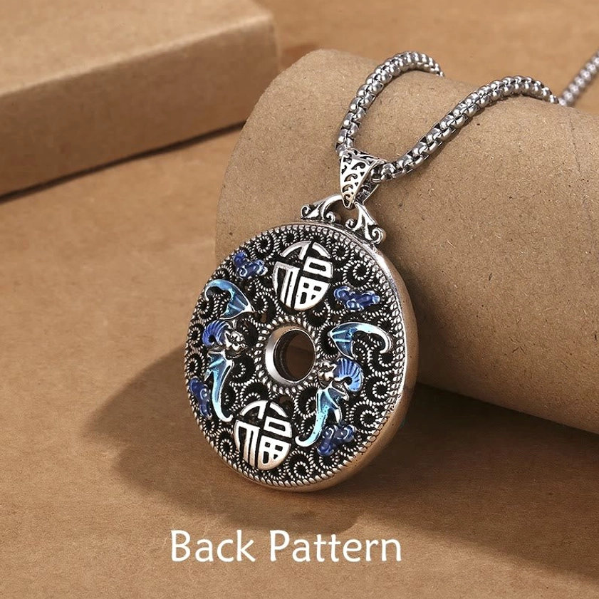 Koi lotus peace buckle necklace reverse side - showing dual Fu character symbols (福) for happiness and blessings on silver filigree frame