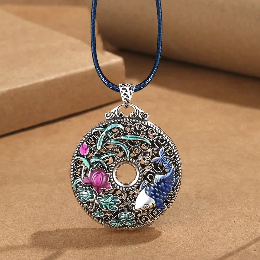 Koi fish lotus peace buckle Buddhist necklace on blue leather rope - handcrafted pendant with silver cloisonne finish on kraft paper