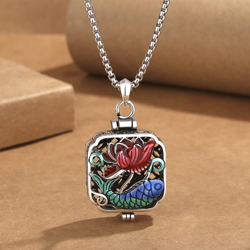 Square hinged prayer box pendant with koi fish and lotus enamel design - front flat view with silver curb chain