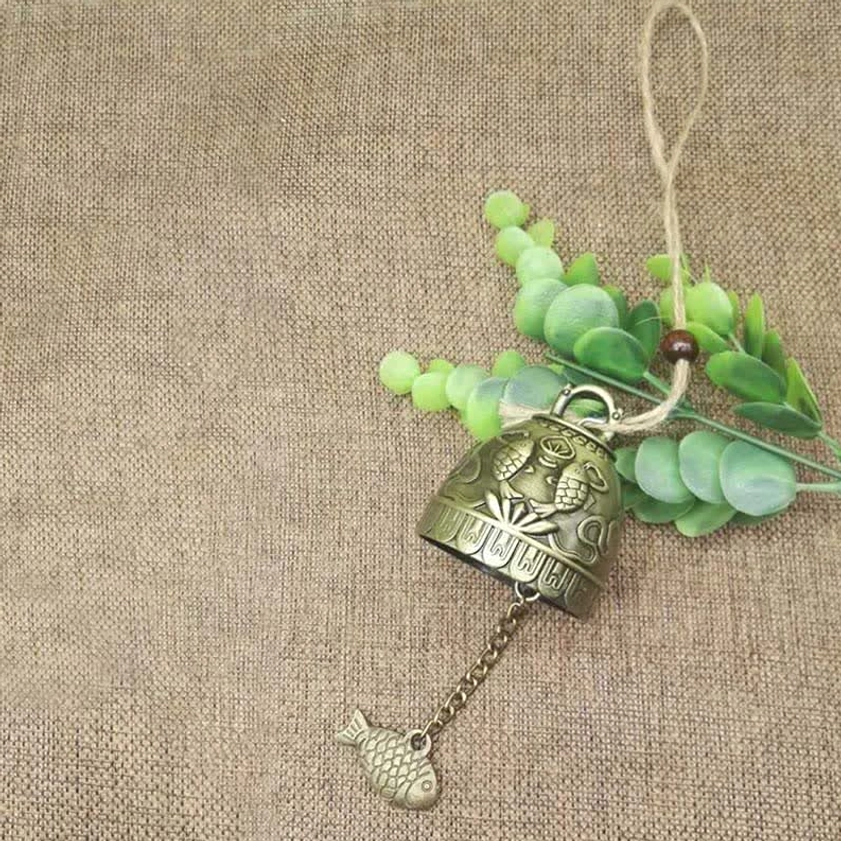 Koi relief pattern wind chime bell with small fish charm and hemp rope hanging cord