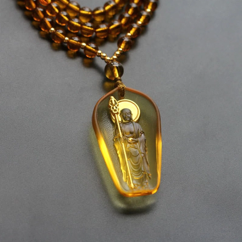 Ksitigarbha Bodhisattva amber gradient Liuli crystal pendant with khakkhara, Buddhist compassion necklace