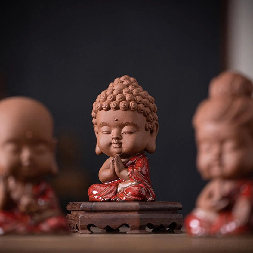 Ksitigarbha Bodhisattva Buddhist ceramic figurine protector guardian of souls and travelers handcrafted miniature statue with terracotta finish