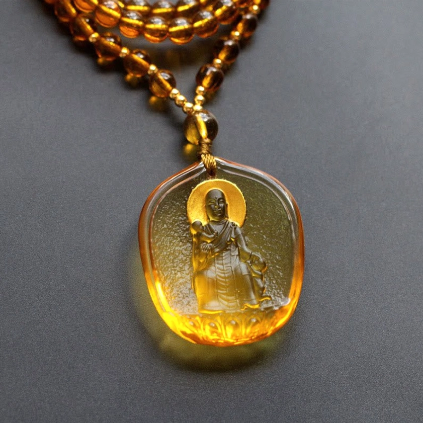 Ksitigarbha Bodhisattva seated with child amber Liuli crystal pendant necklace, handmade Buddhist jewelry