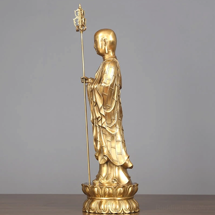 Ksitigarbha Bodhisattva statue complete view with staff showing traditional Buddhist altar decoration
