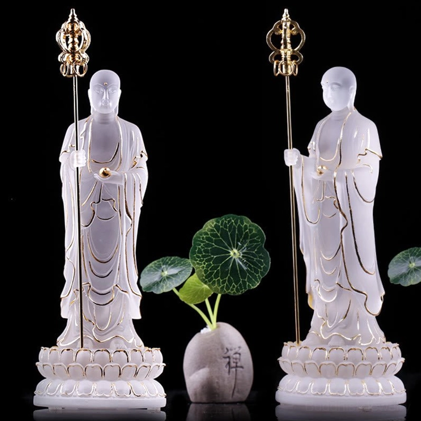 Ksitigarbha Bodhisattva liuli crystal statue lotus base and pedestal architectural detail closeup