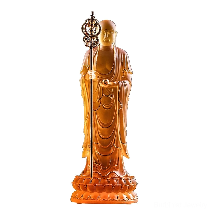 Ksitigarbha Bodhisattva liuli crystal statue detail shot showcasing hand-carved features and golden accents
