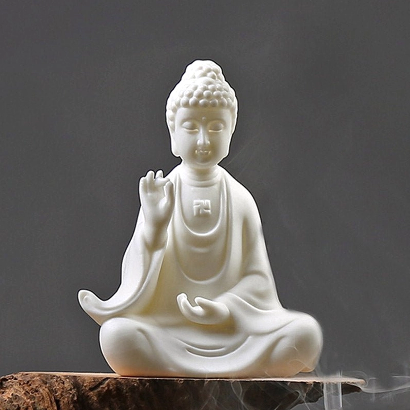Ksitigarbha Bodhisattva ceramic LED decoration with warm chest light and meditation gesture on wooden display stand