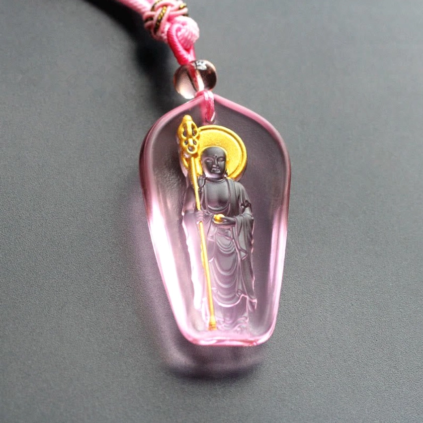 Ksitigarbha Bodhisattva pink gradient Liuli crystal pendant necklace with golden halo, spiritual Buddhist jewelry
