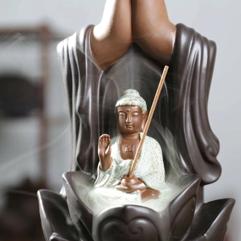 Ksitigarbha Bodhisattva Statue Close-up - Front View with Monk's Staff and Lotus Base Design