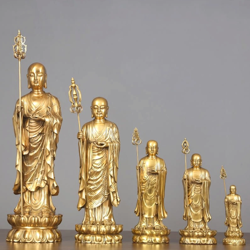 Complete collection of Ksitigarbha Bodhisattva statues in multiple sizes displayed together showing scale variety