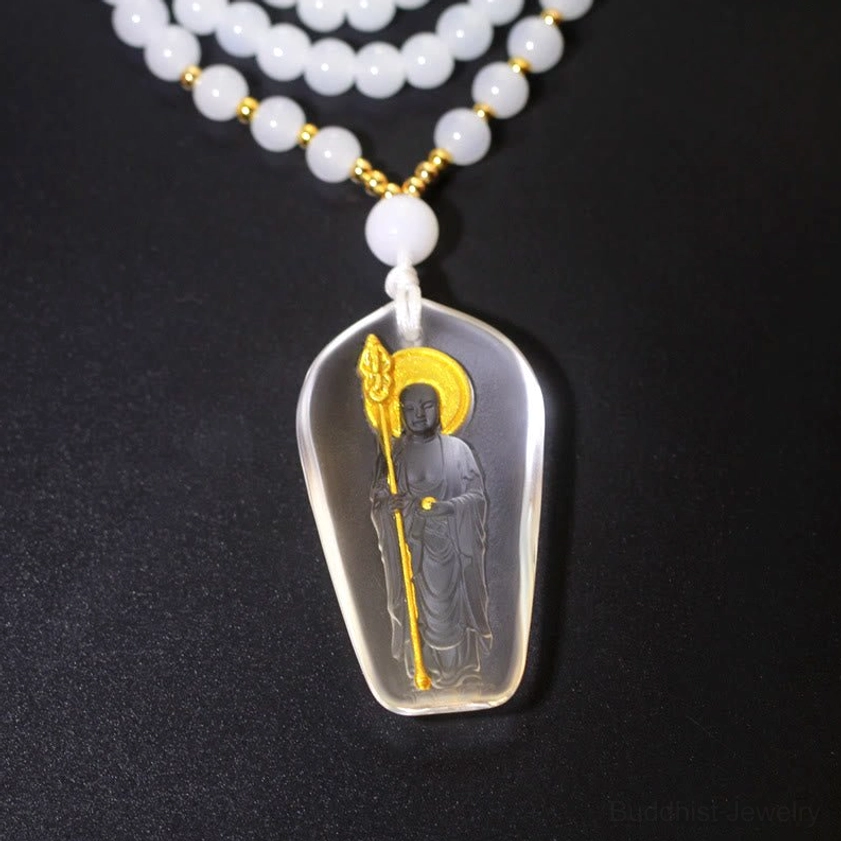 Ksitigarbha Bodhisattva white Liuli crystal pendant on delicate beaded chain, handcrafted Buddhist necklace