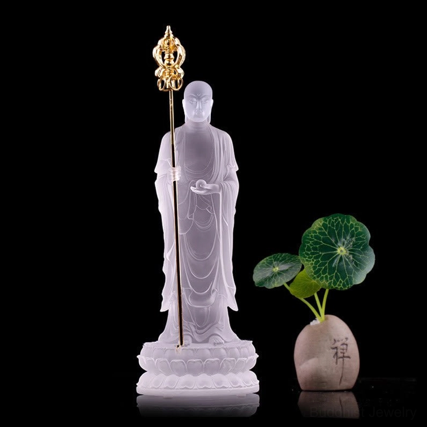 White frosted Ksitigarbha Bodhisattva liuli crystal statue with golden khakkhara staff and decorative base
