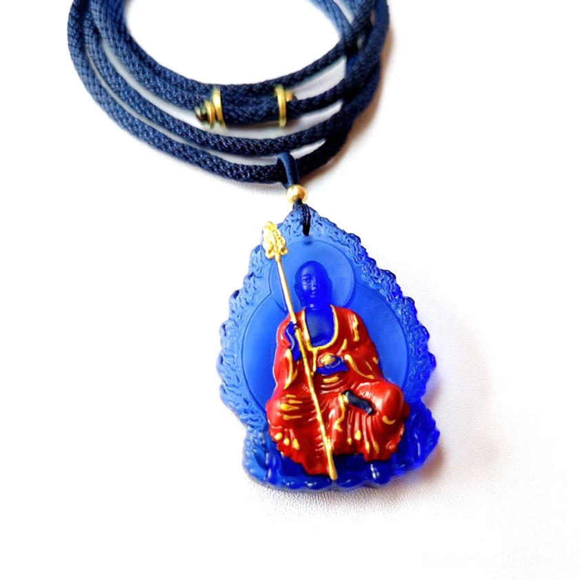 Blue Ksitigarbha Buddha liuli crystal sitting pendant necklace with gilded Buddha figure, handcrafted crystal glass art