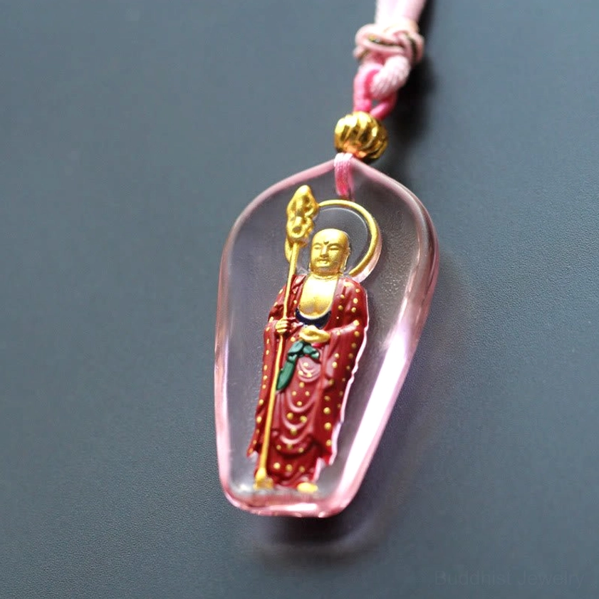 Clear pink transparent Ksitigarbha Buddha liuli crystal standing pendant with gold-plated Buddha figure, paired with pink braided rope necklace