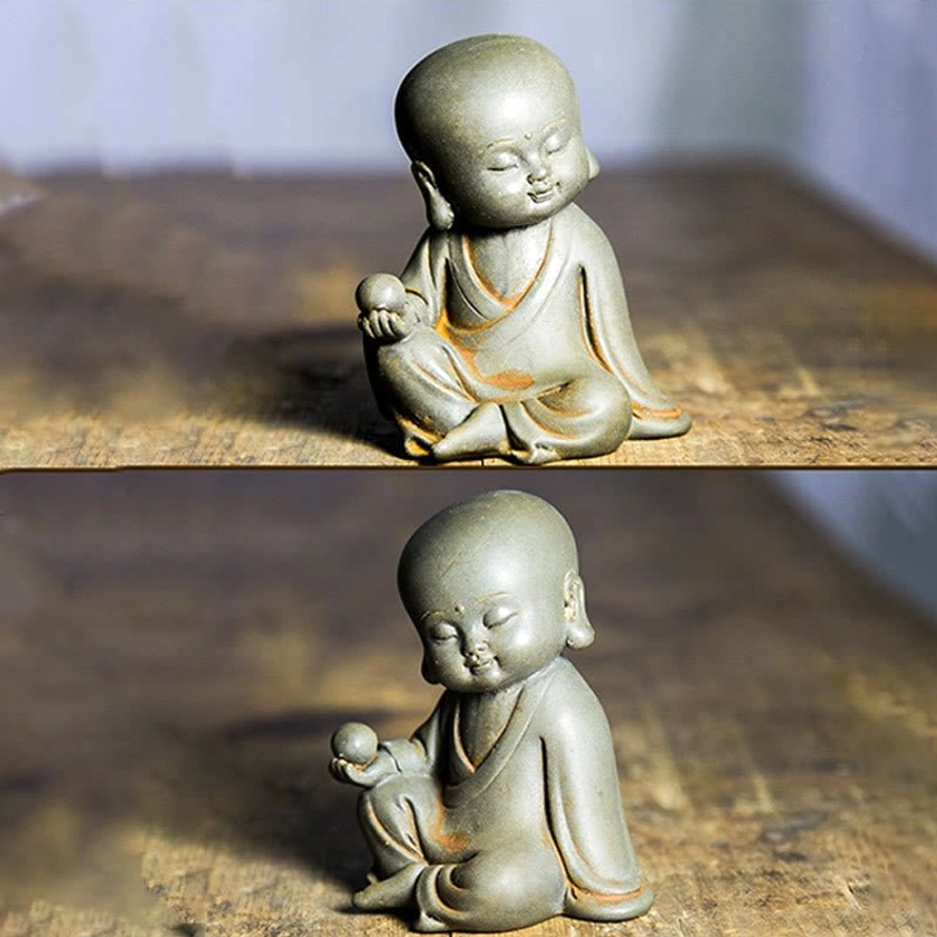 Two Ksitigarbha bodhisattva statues size comparison rust finish hand-crafted resin