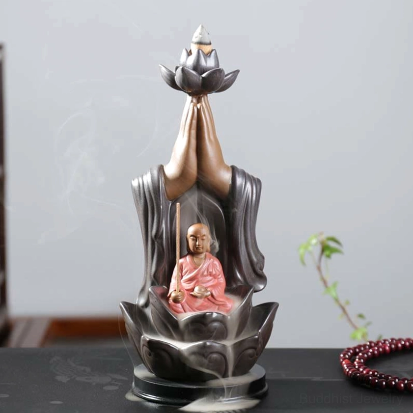 Ksitigarbha Buddhist Incense Burner - Complete Front View with Off-White Glaze Accents
