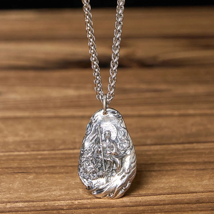 Ksitigarbha copper pendant necklace with Buddha and keel chain style, handmade Buddhist jewelry