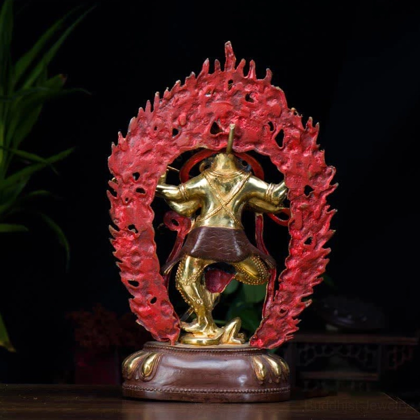 Kurukulla statue rear view showing red flaming aureole gilt bronze body and intricate back details