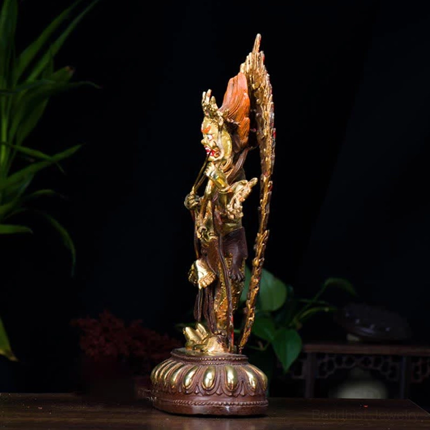 Kurukulla guardian buddha statue left side profile view with detailed flame aureole and lotus base