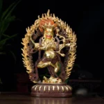 Kurukulla guardian buddha statue handcrafted copper bronze full front view with gilt gold and red flame aureole on lotus pedestal