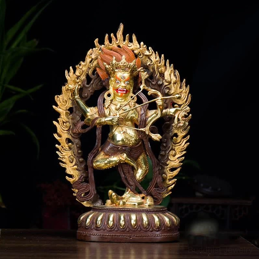 Kurukulla guardian buddha statue handcrafted copper bronze full front view with gilt gold and red flame aureole on lotus pedestal