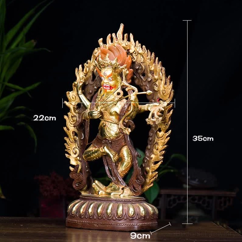 Kurukulla guardian statue ornate lotus pedestal base with dark brown and gilt bronze finish and sacrificial figurine