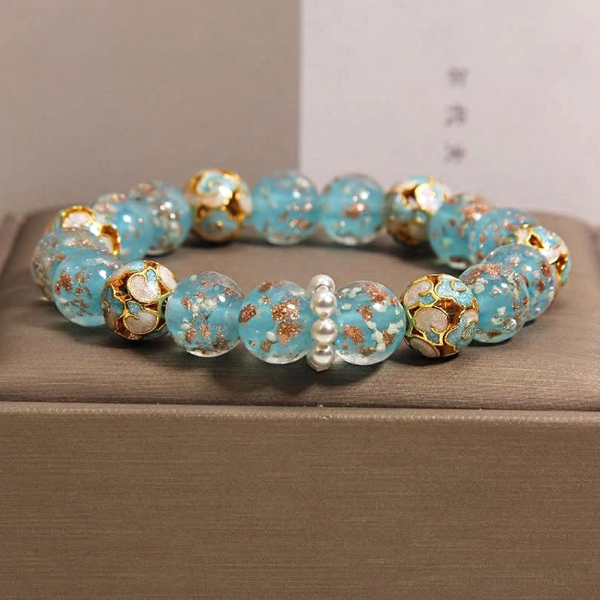 Lake blue Liuli glass cloisonné Buddhist bracelet with teal beads and gold inlay pearl spacers