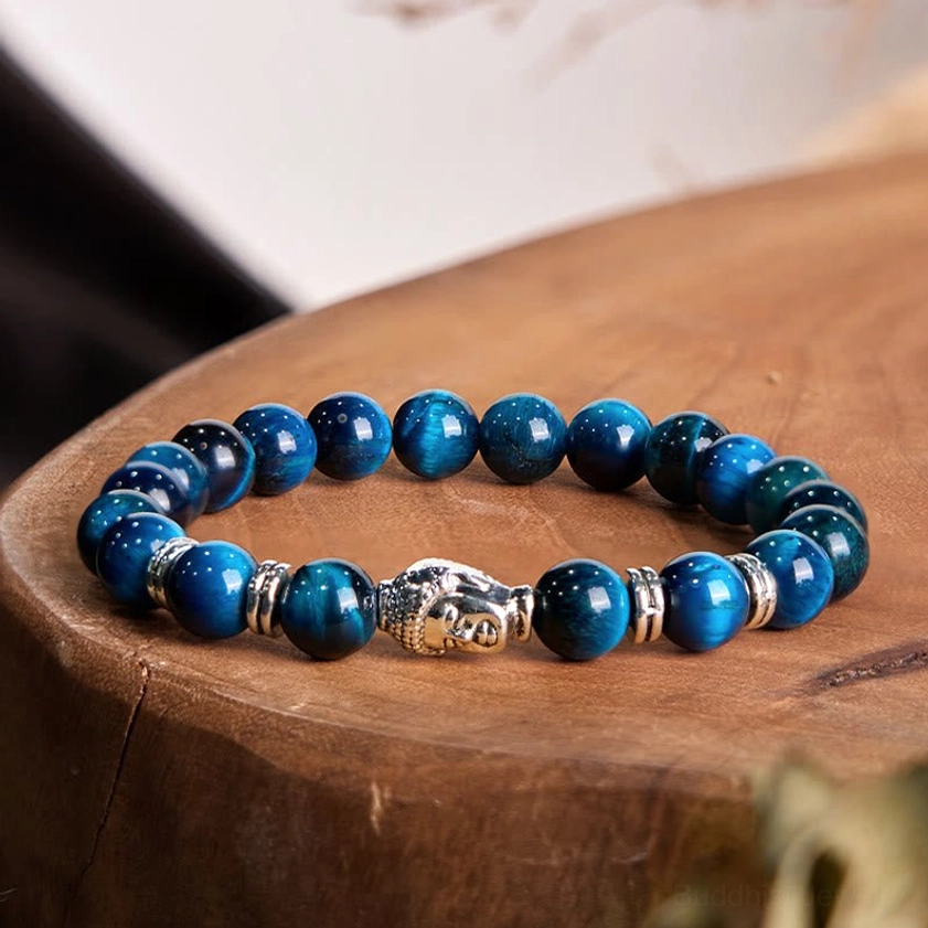 Lake blue tiger eye Buddha bracelet with silver metal accents - premium handmade beaded design