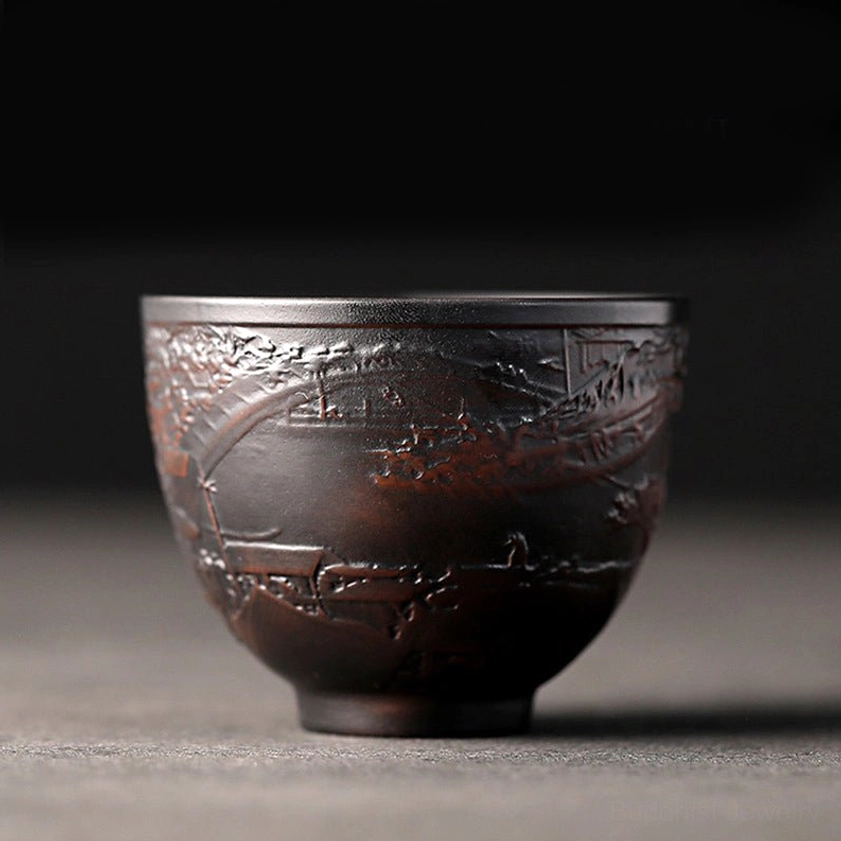 Landscape design ceramic kung fu tea cup with serene mountain and nature motifs for mindfulness tea ceremony