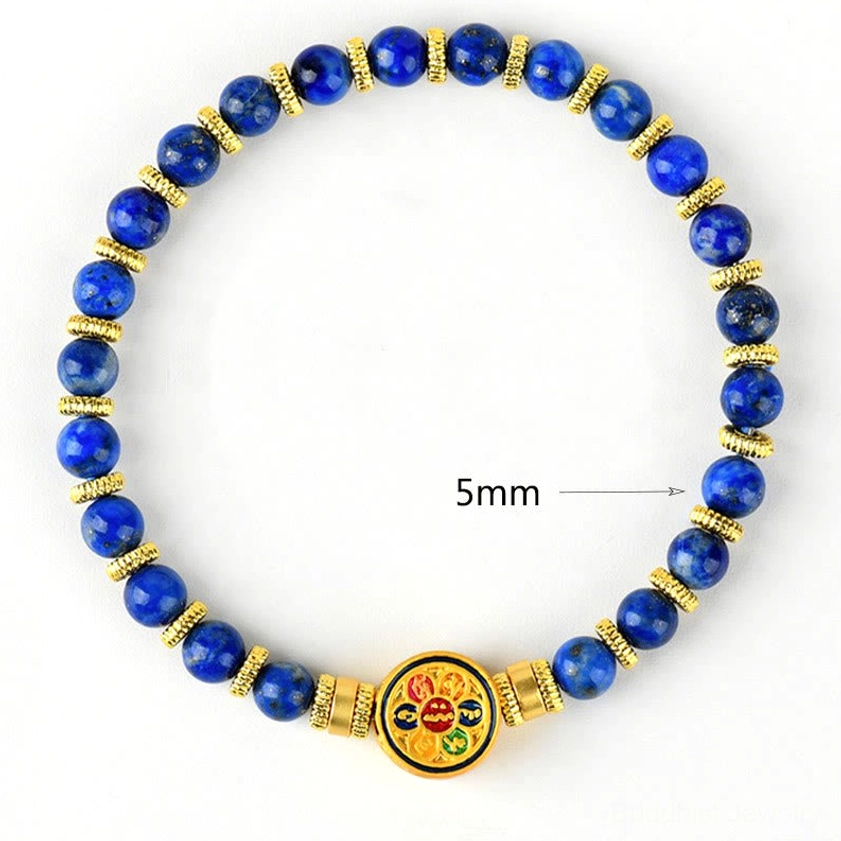 Lapis lazuli beaded bracelet with 5mm stones gold spacers and enamel center charm top view