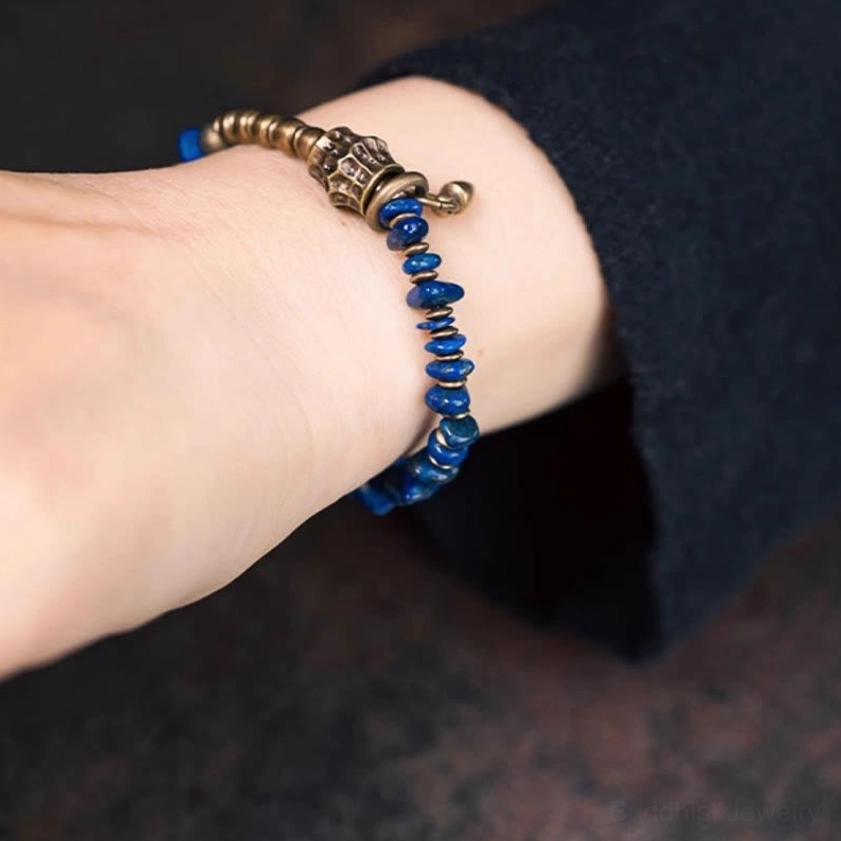 Lapis lazuli irregular chip Buddhist bracelet alternative angle showcasing color variation and natural stone beauty