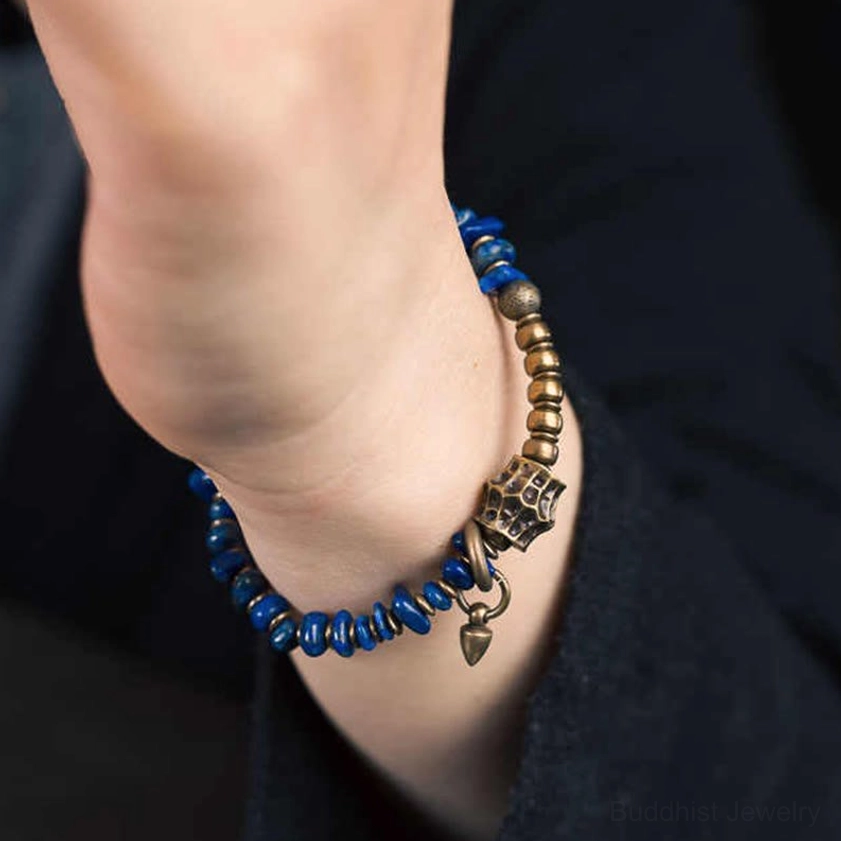 Lapis lazuli Buddhist bracelet worn on wrist showing real-world fit and comfort for meditation and daily wear