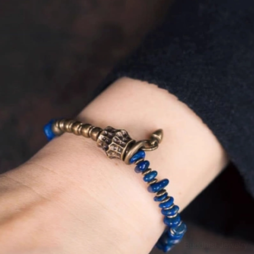 Lapis lazuli Buddhist bracelet collection shot showing multiple size options and stone color authenticity